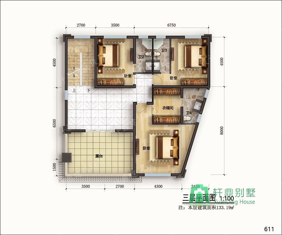 農(nóng)村三層帶車庫自建別墅設(shè)計(jì)圖正三層平面.jpg