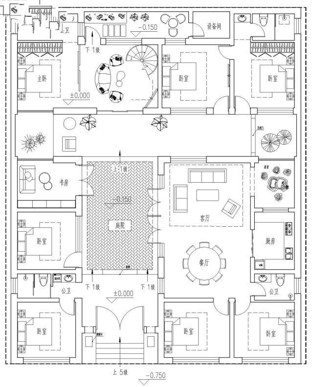 　別墅設(shè)計(jì)：一層緊湊型四合院，面積利用率高，適合在農(nóng)村地區(qū)修建。