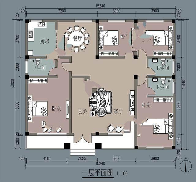 我向你們展示一套新農(nóng)村的平面圖，寬15米，深13米。它計劃建在豫北的農(nóng)村。這間公寓怎么樣？