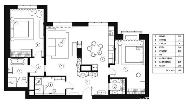 　114現(xiàn)代兩居室裝修設計，互動布局，客廳和餐廳開放式，動線設計非常漂亮!